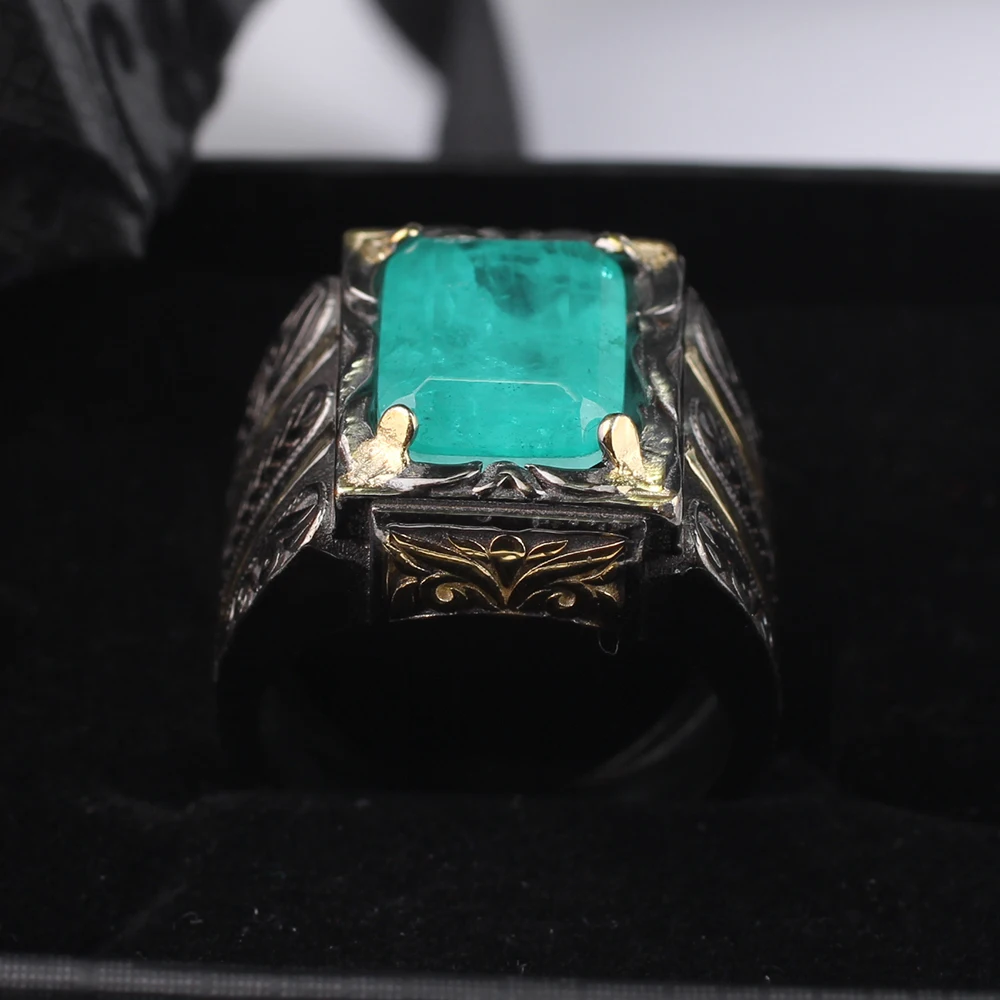 

Handmade Mens 925 Silver Light Green Paraiba Tourmaline 18 K Gold Plated Ring, Handmade Rectangular Tourmaline Ring