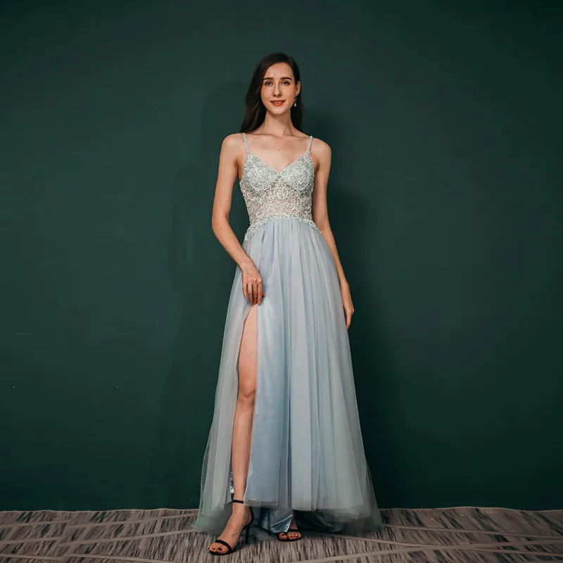 

Hot selling evening dress dress women's large senior blue temperament banquet thin can wear belly covered ankle dress 20-441055