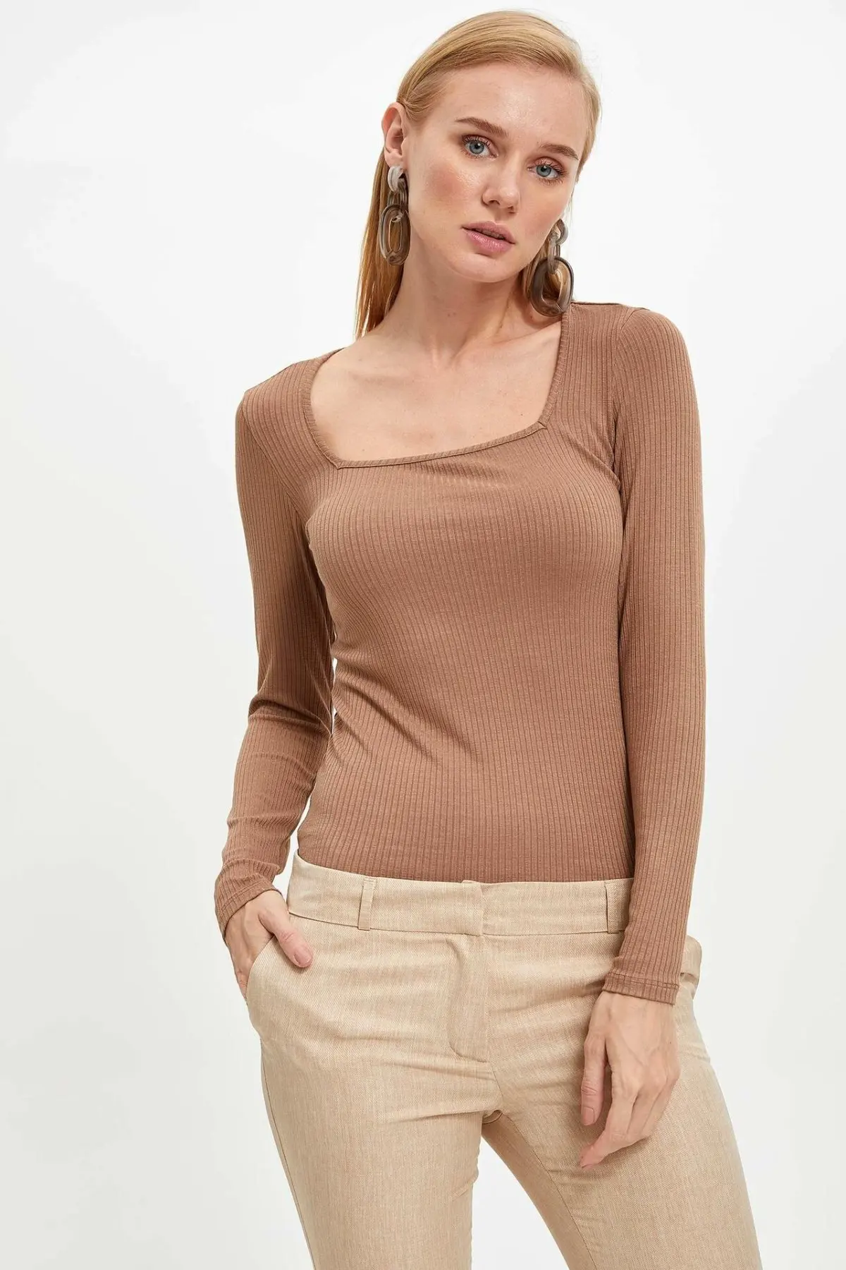 DeFacto Для женщин с круглым Однотонная одежда скинни для отдыха длинным рукавом