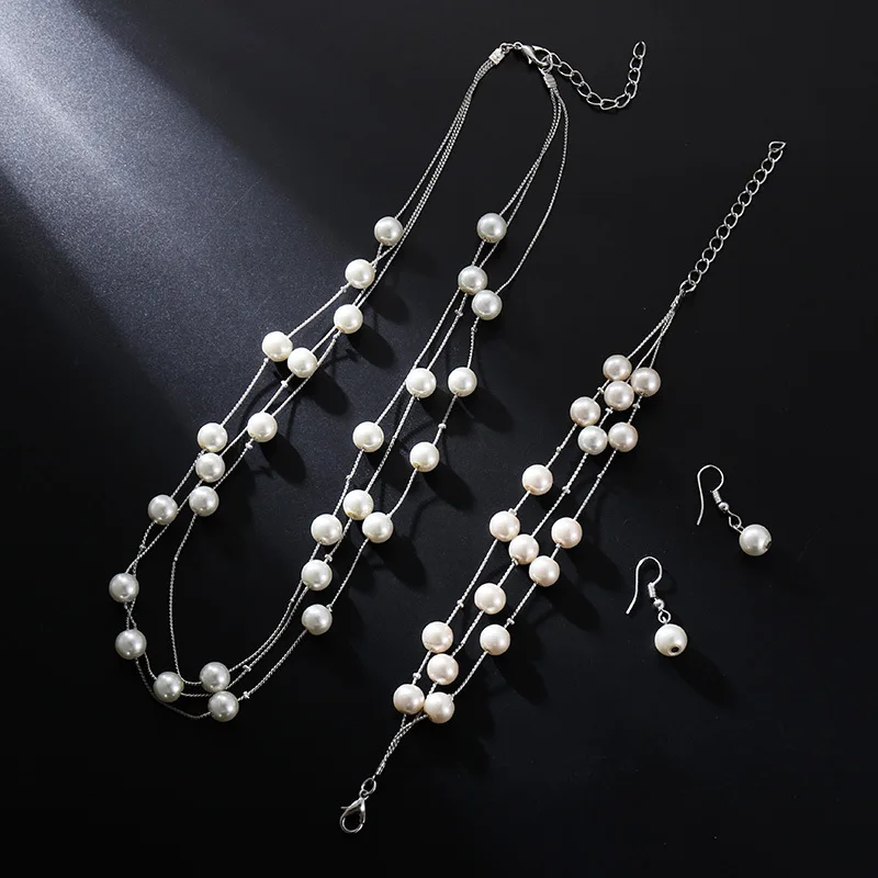 1 Set Simulated Pearl Beaded Multilayer Necklace Dangle Earrings Bracelet Korean Fashion Bridal Wedding Accessories Jewelry | Украшения и