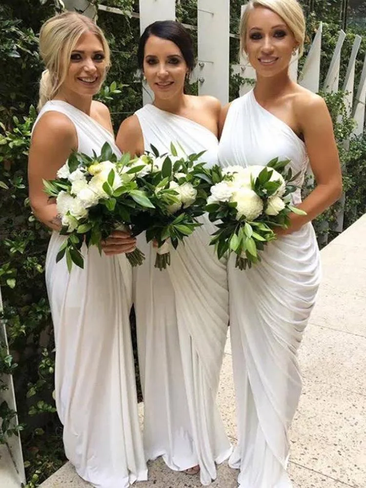 Charming White Simple Chiffon Bridesmaid Gowns Long One Shoulder Slim Wedding Party Sleeveless | Свадьбы и торжества