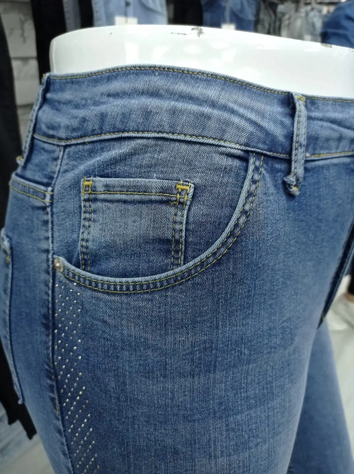 Diaves Women Plus Size High Waist Skinny Pearl Stone Pattern Detailed Blue Jeans