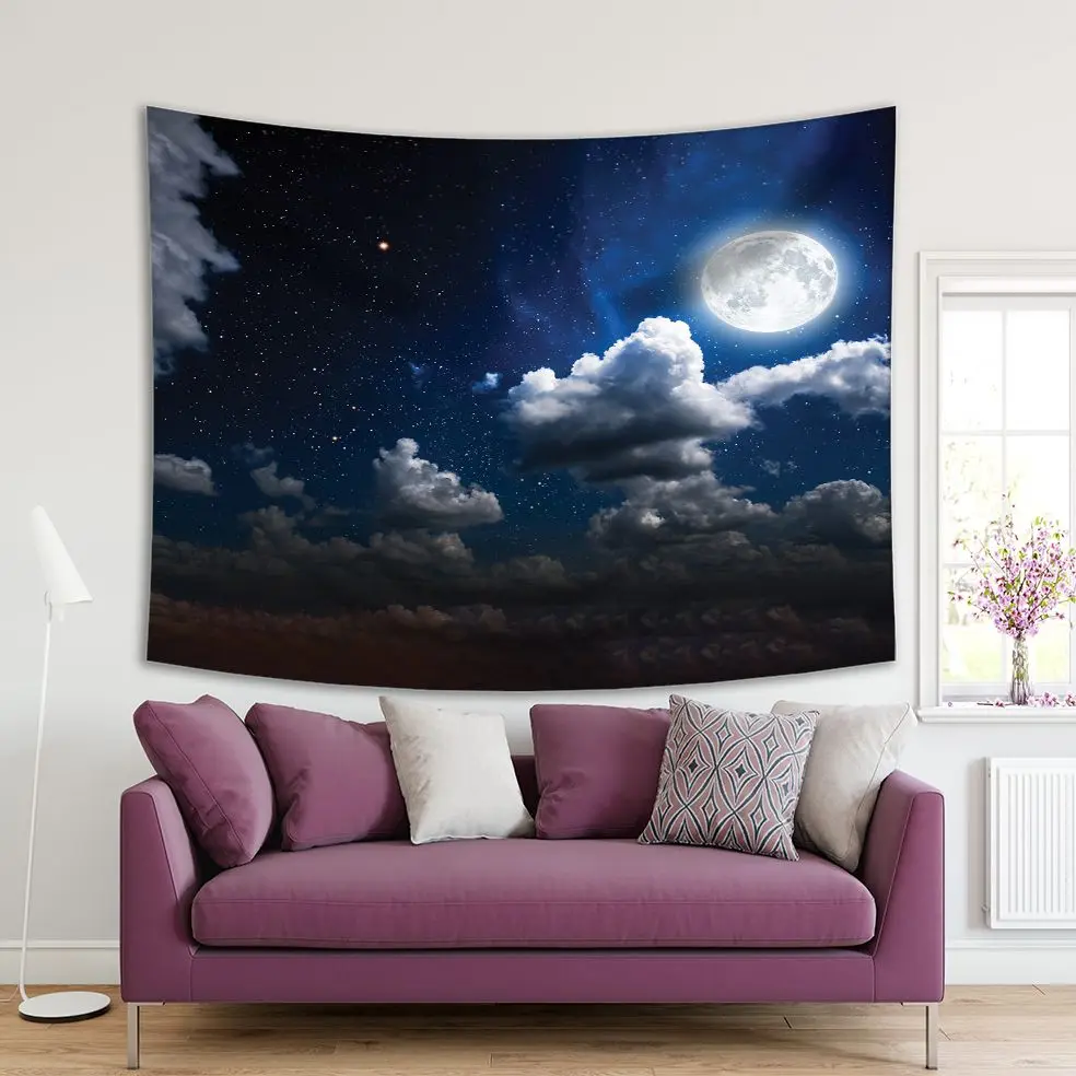 Гобеленовое ночное небо со светящимися звездами полная луна и облака волшебное