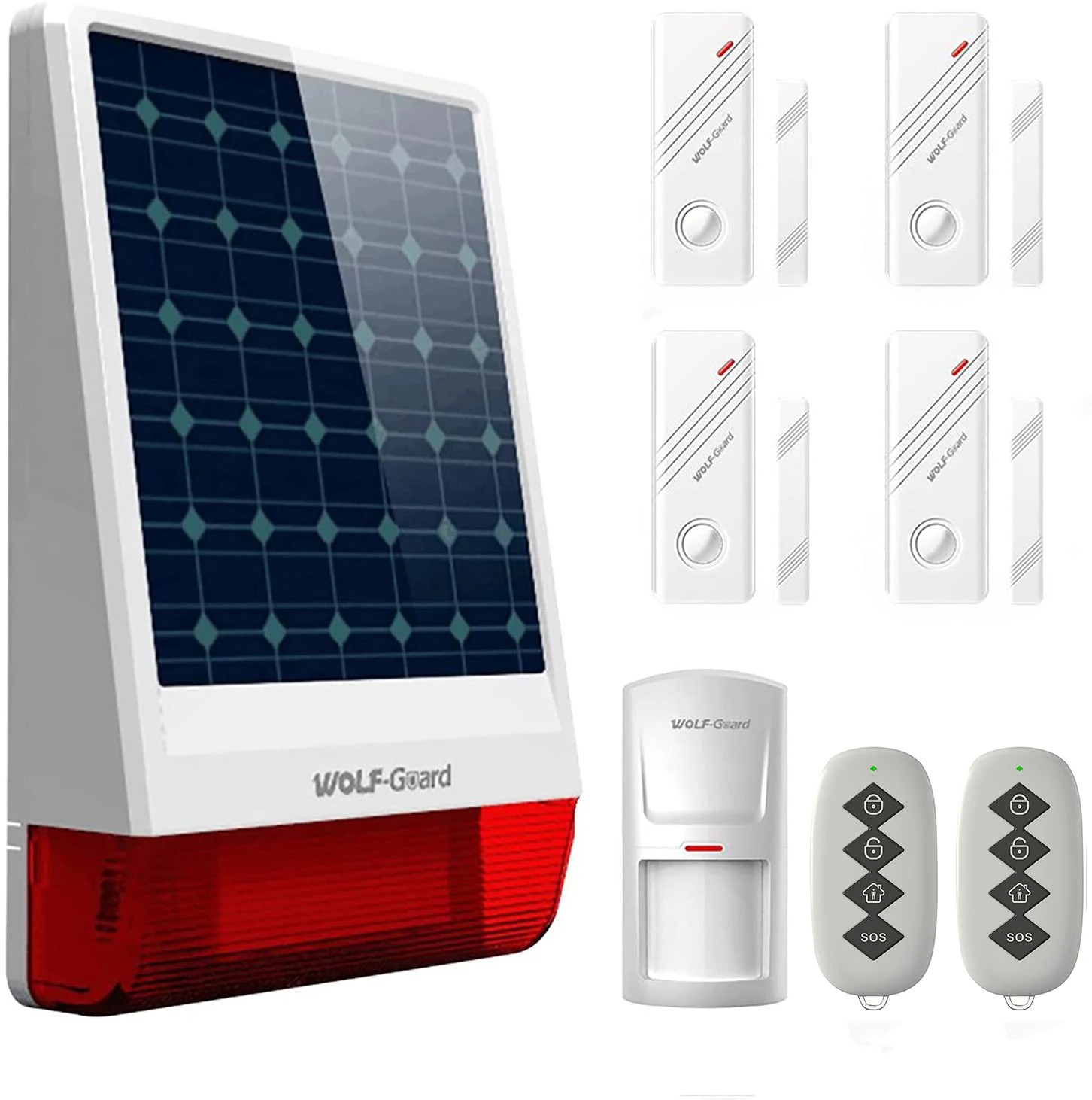 

Wolf-Guard Wireless Outdoor Weather-Proof GSM SMS Solar Siren House Security Alarm Burglar System PIR Motion Door Sensor