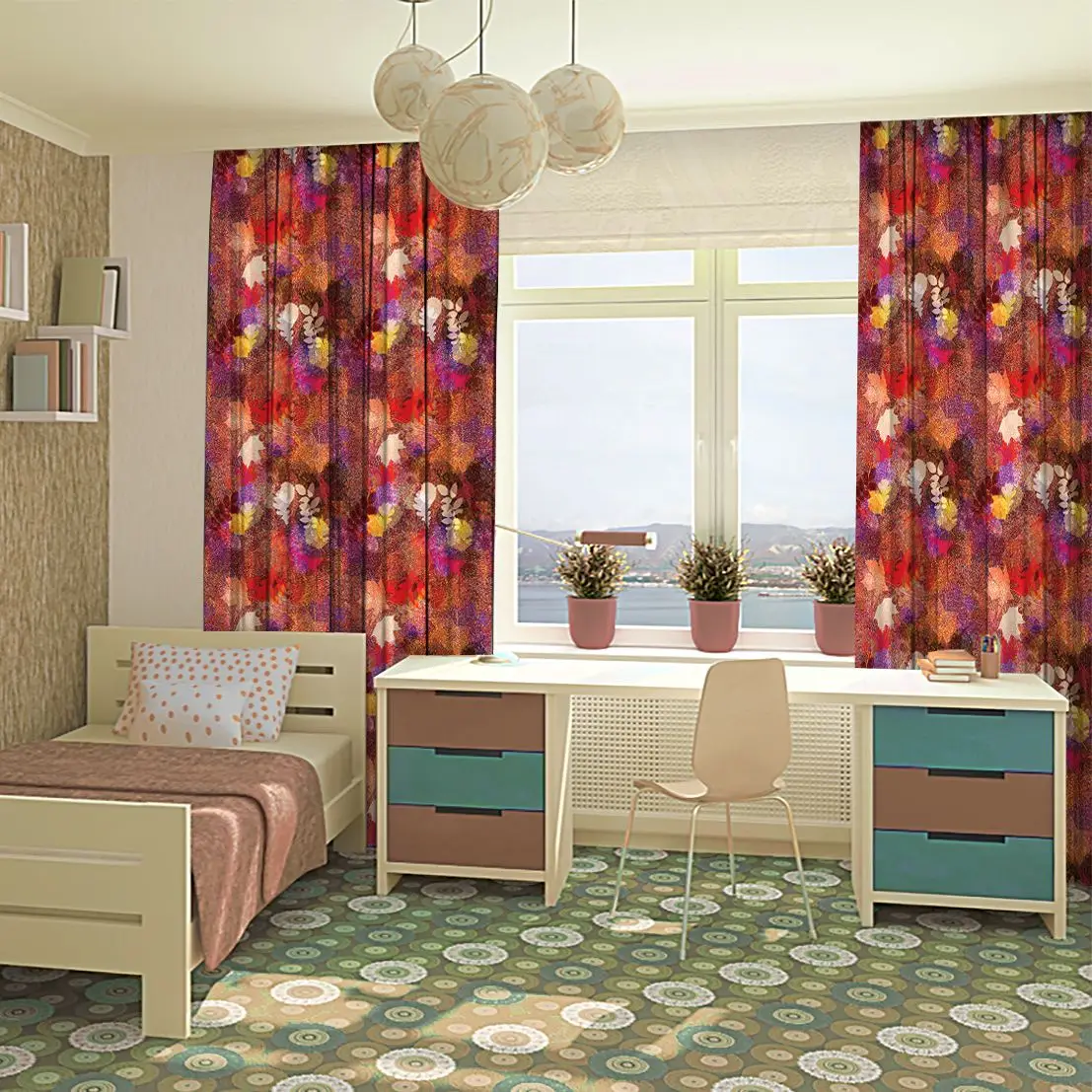 Занавеска с листьями цветочный рисунок листва дуба клена березы красный