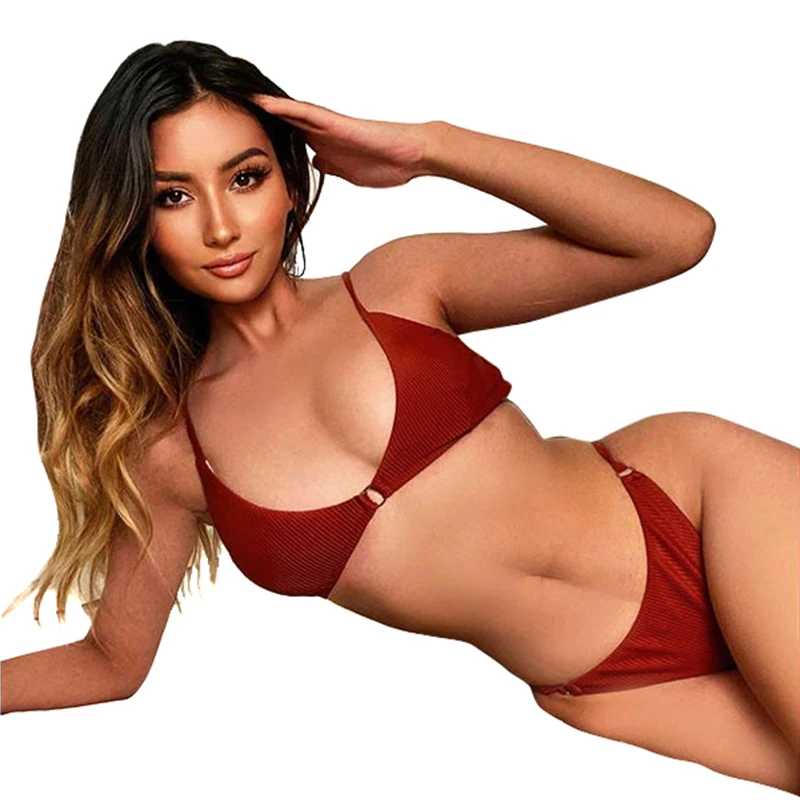 

Купальник-бикини 2022, однотонный соблазнительный женский купальный костюм из двух предметов, укороченный топ в рубчик с бриллиантами, женск...