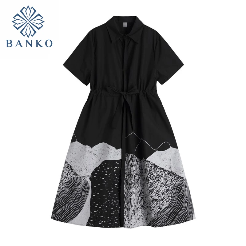 

Fashion Irregular Loose Shirt Dress Women Short Sleeve 2021 Summer New High Waist Vintage Robe Print Black Long Dress Female
