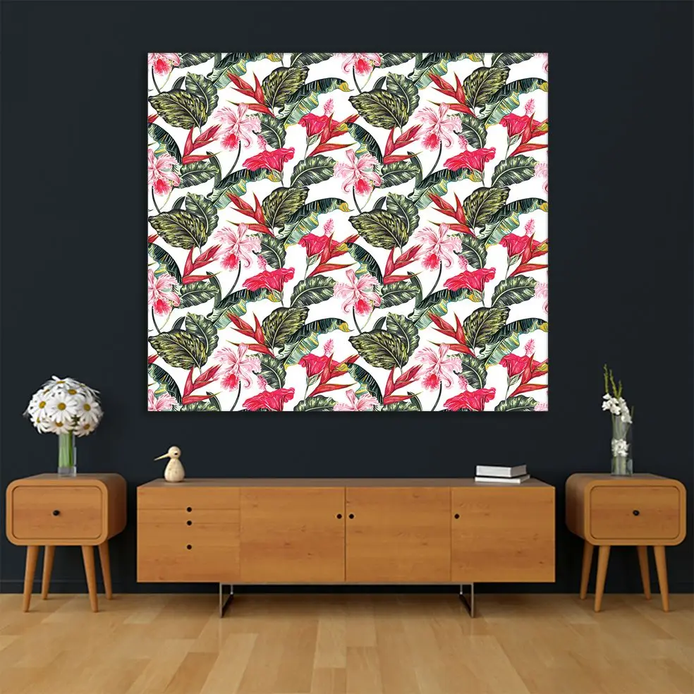 Гобелен Цветочный Тропический узор с экзотическими цветами Пальмовые Листья