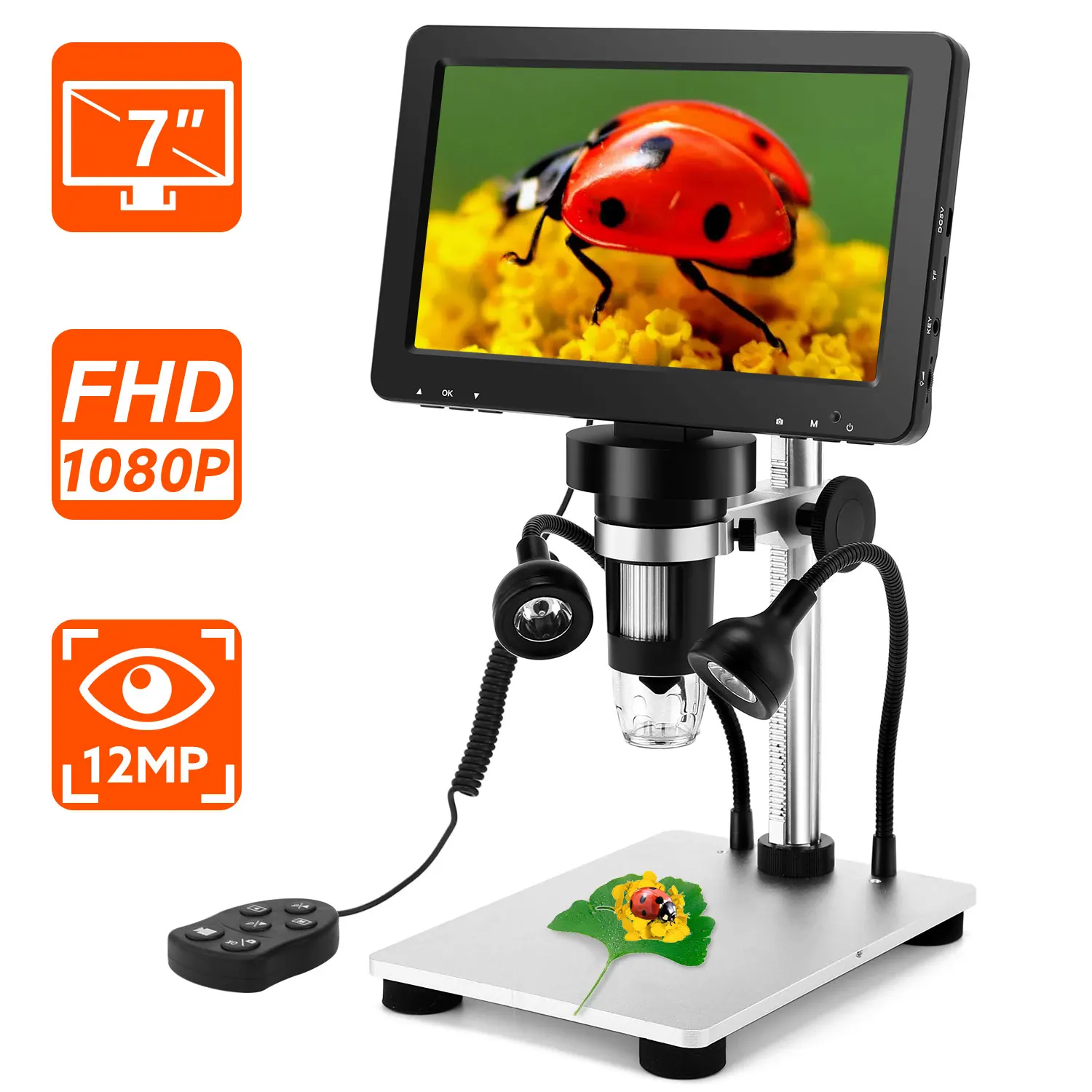 

7" 1080P LCD Digital Microscope With Wired Remote 1200X Microscope with Video Recorder for Coin Outdoor Observation PCB Repair