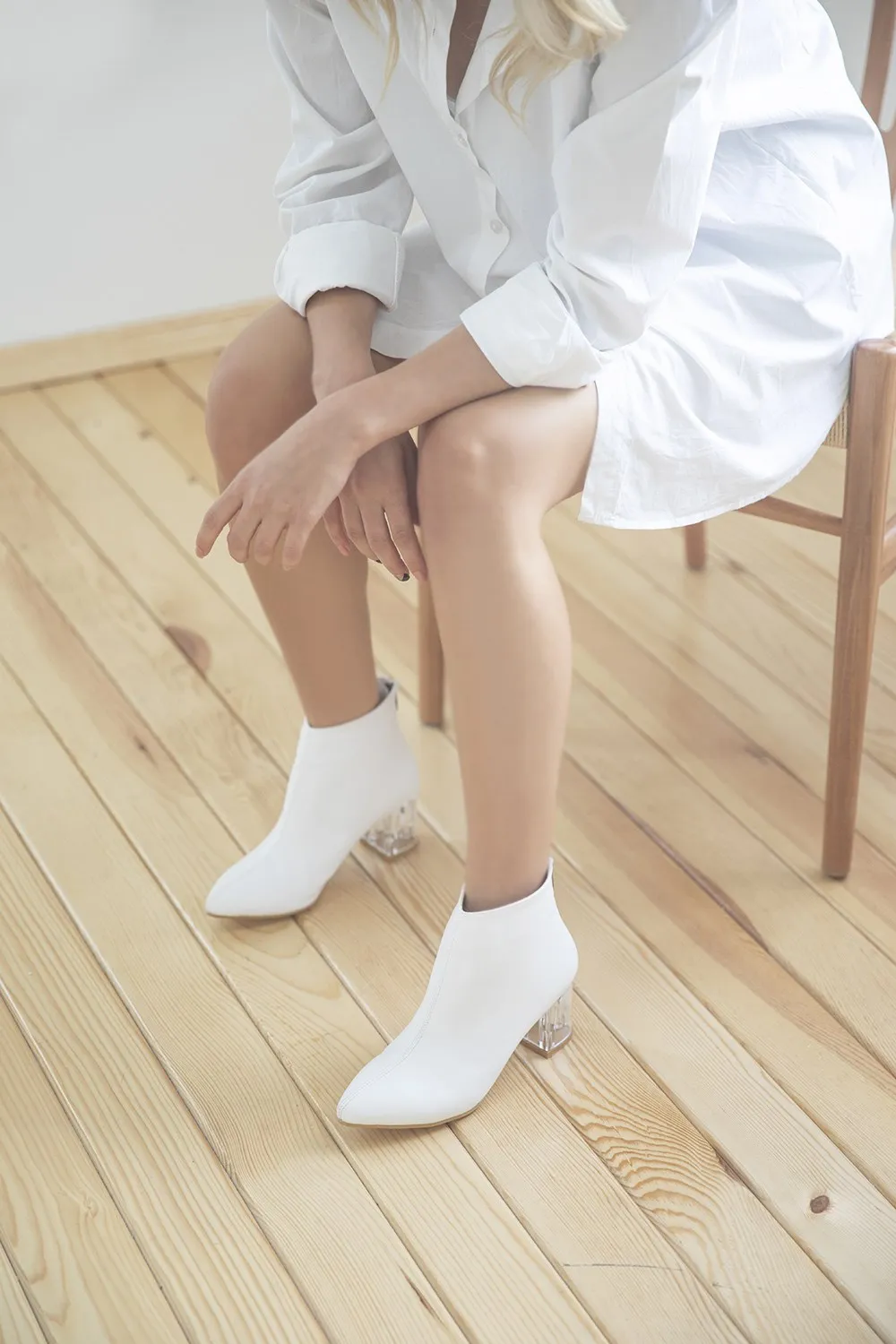 

Handmade Shoes Women's Transparent Heel Leather Boots White Color