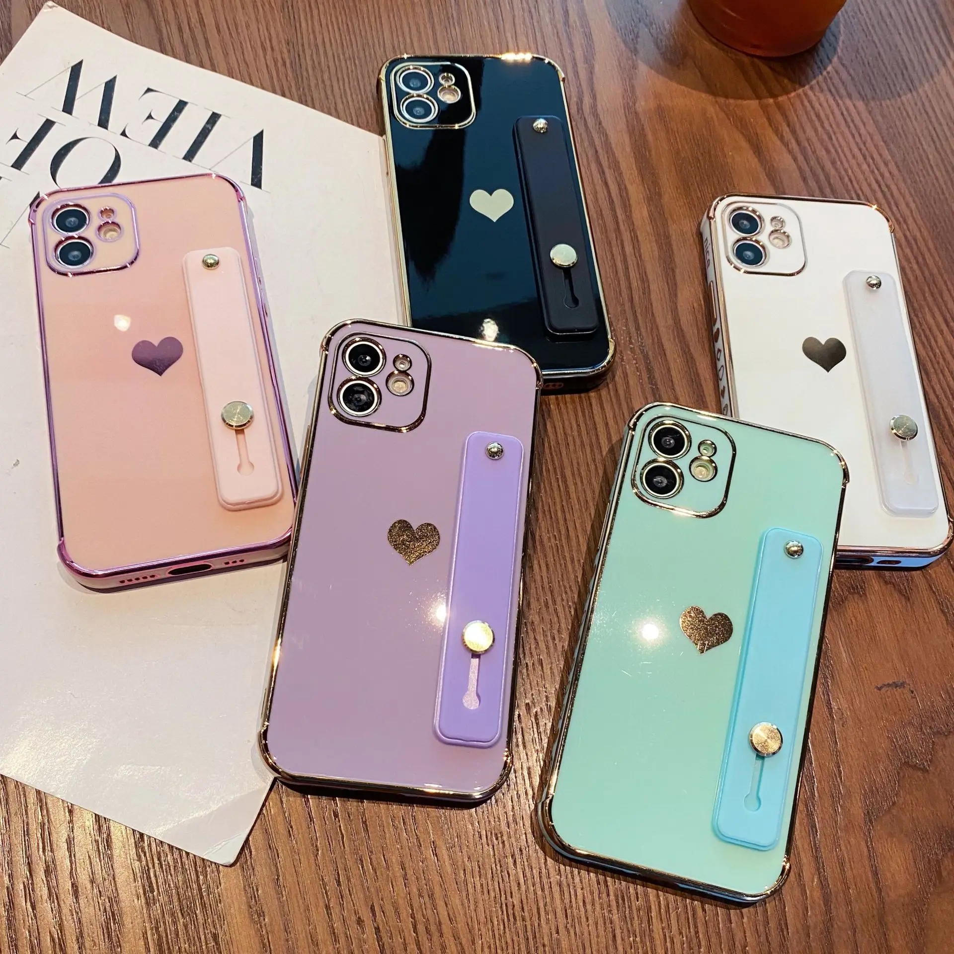 

Soft Love Heart Wrist Strap Phone Case For iPhone 11 12 13 Pro Max X XR Xs Max Kickstand Bumper Back Cover For iphone 7 8 Plus