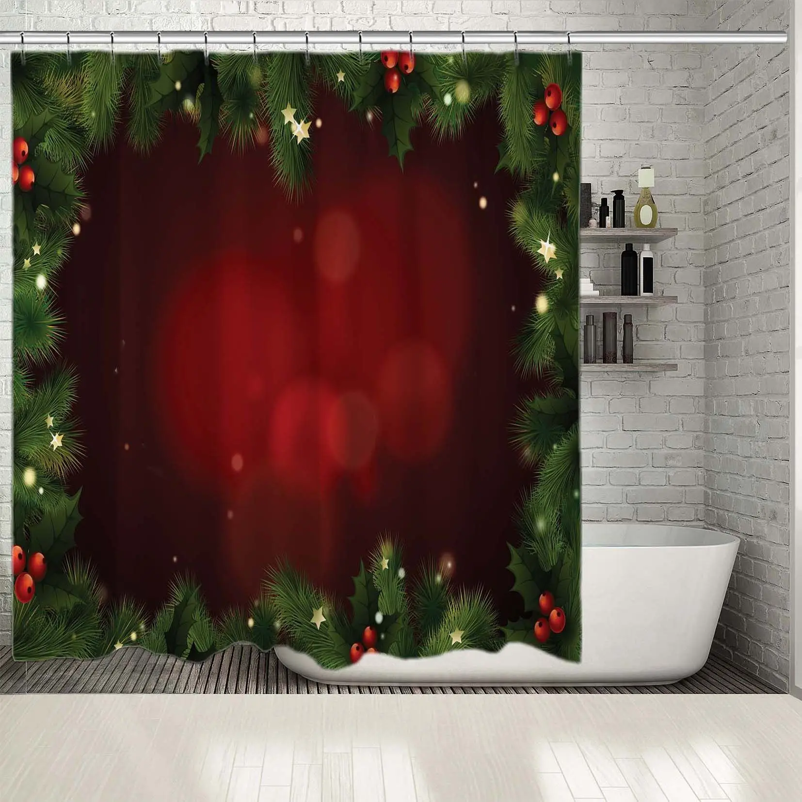 Занавеска для душа Рождественское украшение зеленый и красный венок сосновая