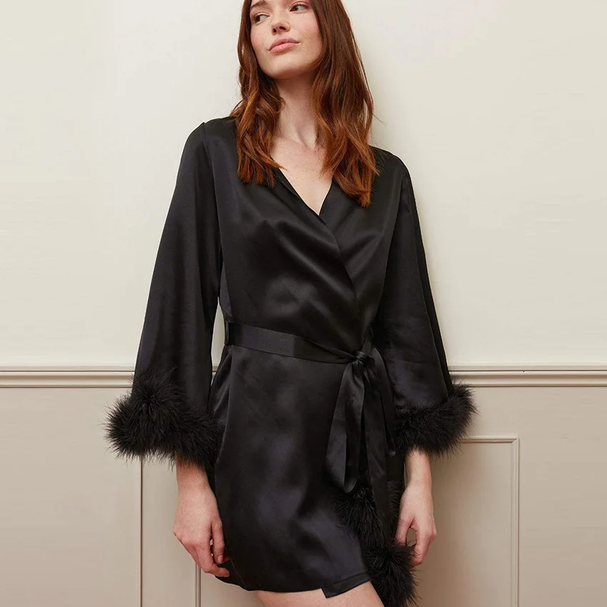 Trendy Black Full Down Feather Women's Robe Boudoir Bridal Robes Knee-Length Dressing Short Gown Solid Feather Sleeve Trim Robes