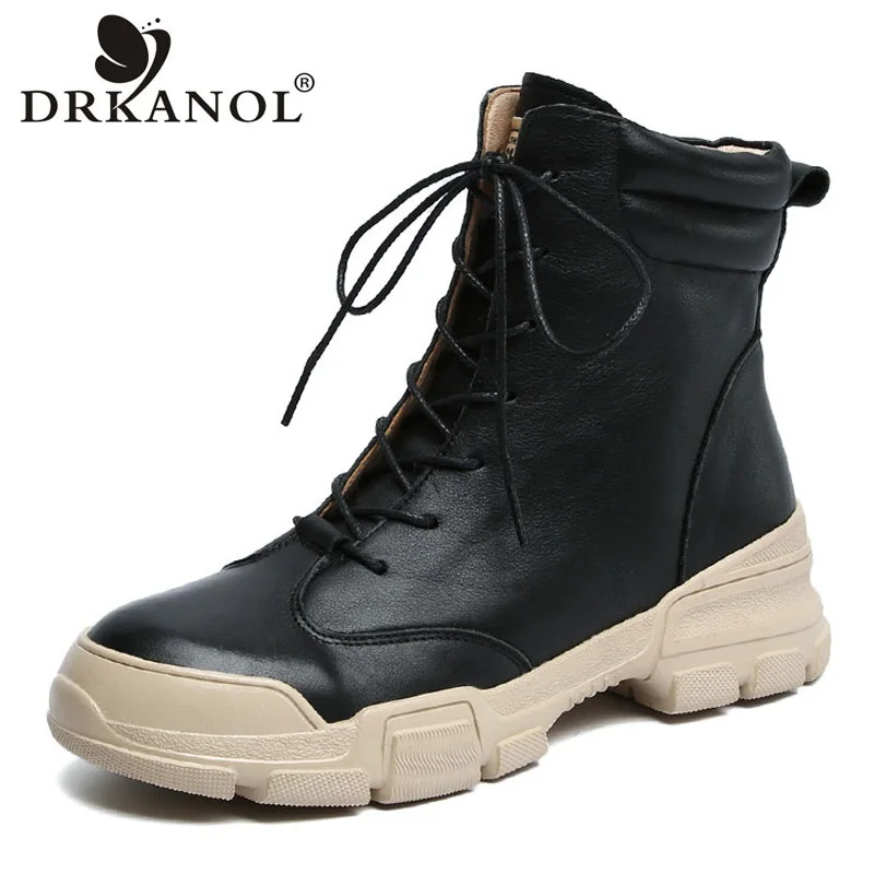 

DRKANOL Fashion Genuine Leather Martin Boots Women Winter Warm Shoes Black Flat Platform Casual Women Ankle Boots Large Size 43