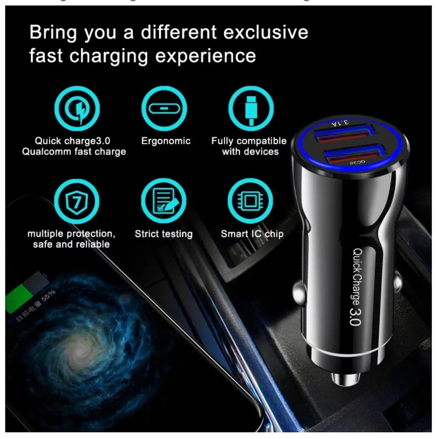 USB мобильный телефон автомобильное зарядное устройство-Qualcom 3,0 Быстрая зарядка+ 1 м Ультра быстрый кабель+ отслеживание груза samsung Iphone
