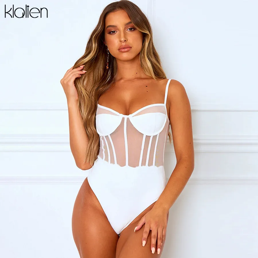

KLALIEN sexy see-through low chest bodysuit women 2020 summer fashion casual beach vacation hot sale black mesh bodycon bodysuit