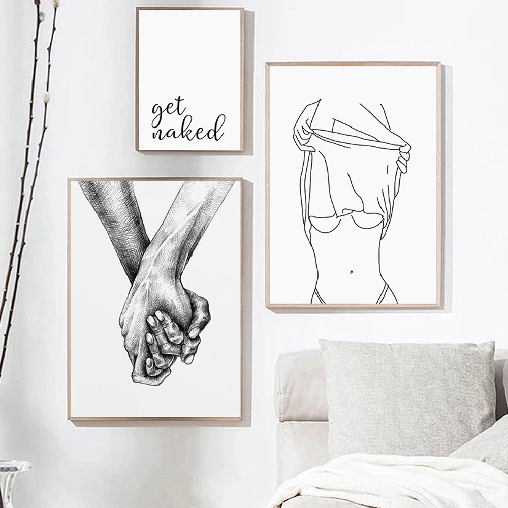 

Woman One Line Drawing Art Canvas Painting Abstract Nude Figure hold hands Poster Woman Body Minimalist Print Nordic Home Decor