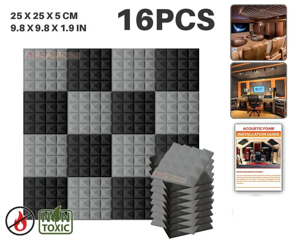 Black and Gray Arrowzoom 16 шт. набор цветов 9," x 9,8" x 1," Пирамида плитка студия Звукопоглощающая Панель акустическая пена AZ1034 - Цвет: Black and Gray