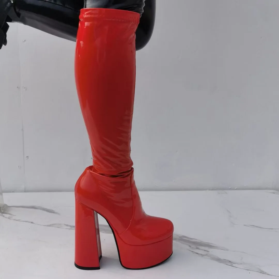 Ladies Red Patent Leather Mirror Platform Boots Knee Boots Side Zipper Plus Size Thick Square Heel Pole Dance Boots Party Shoes