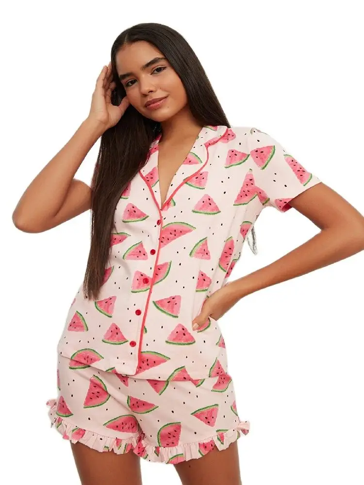 TuBiTeX Pink, Short-Sleeve, Shorts, Button, Rabbit Pattern, Knitted Pajamas Set, Suit, Viscose