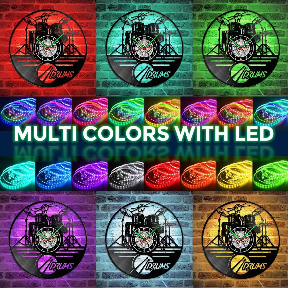 

MCDFL Drum Set Kit Vinyl Record Wall Clock Modern Design Coffee Shop Cafe Bar Music Studio Wall Decor Luminous Clock Art 12 Inch