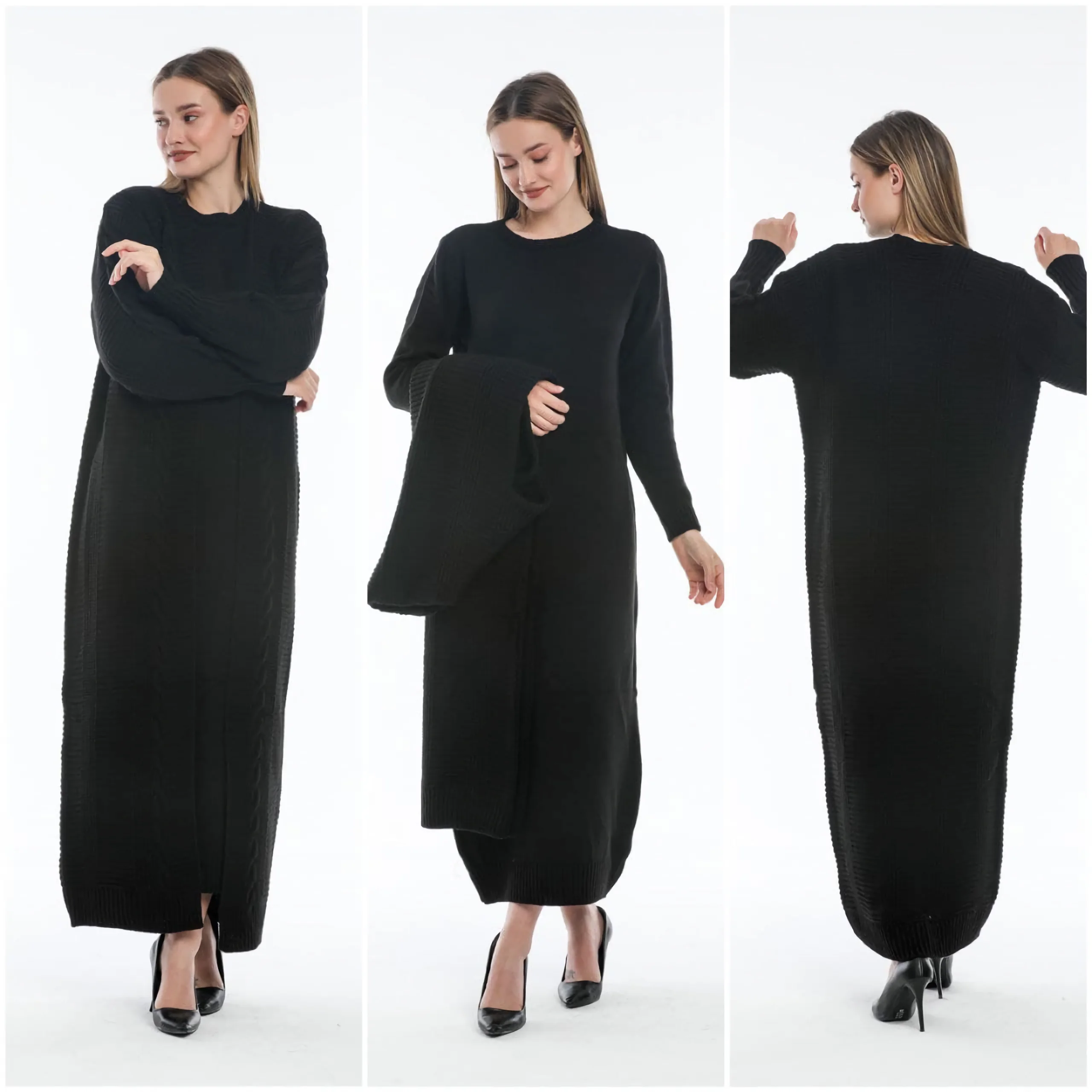 2Pcs Muslim Women Knitted Dress Cardigan Knitwear Modest Clothing African Hijab Islamic Turkey Dubai Abaya Long Sleeve Winter