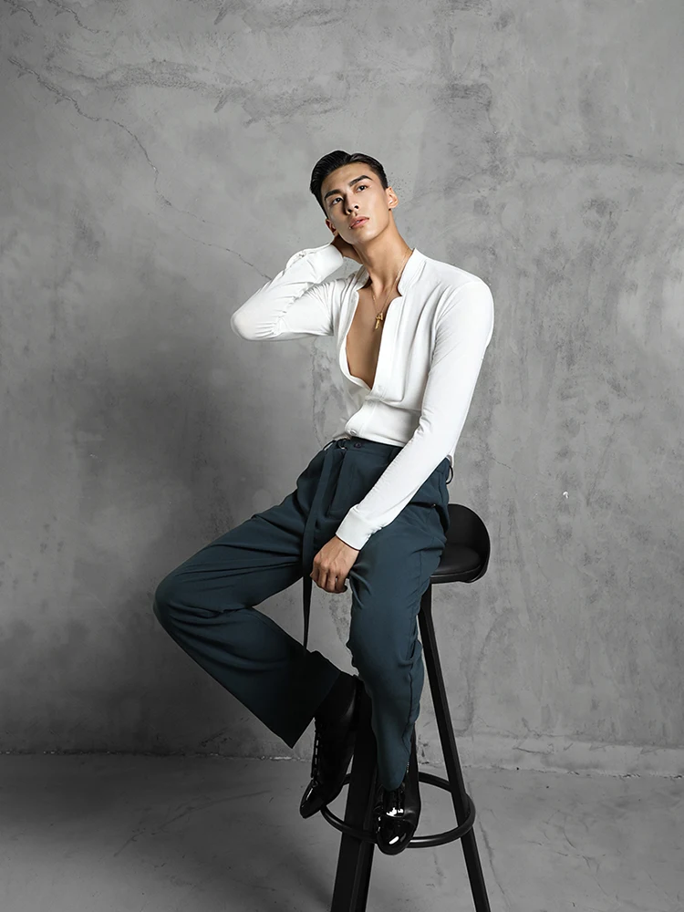 

ZYMdancestyle Take The Moment Shirt MS20603 Men's Latin Dance Practice Wear Long Sleeve V Neck Standard Ballroom Dance Top