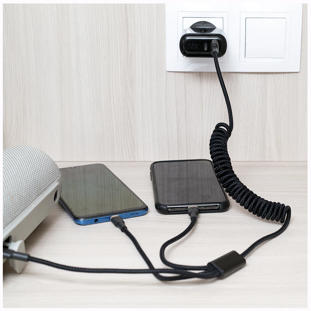 Витой кабель зарядки и передачи данных USB 2.0 - 3-в-1 microUSB/lightning/typeC 1.5м 3A SPRING OLMIO |