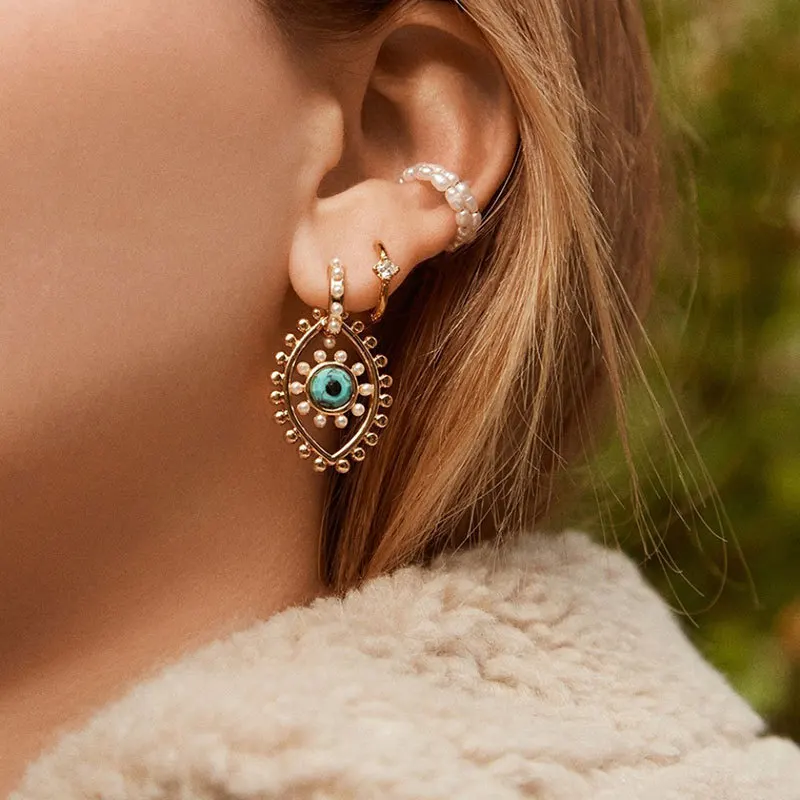 

New Fashion Vintage Retro Gold Color Metal Stone Beads Pearl Filled Evil Eye Gold Colour Earrings For Women Party Gift Earring