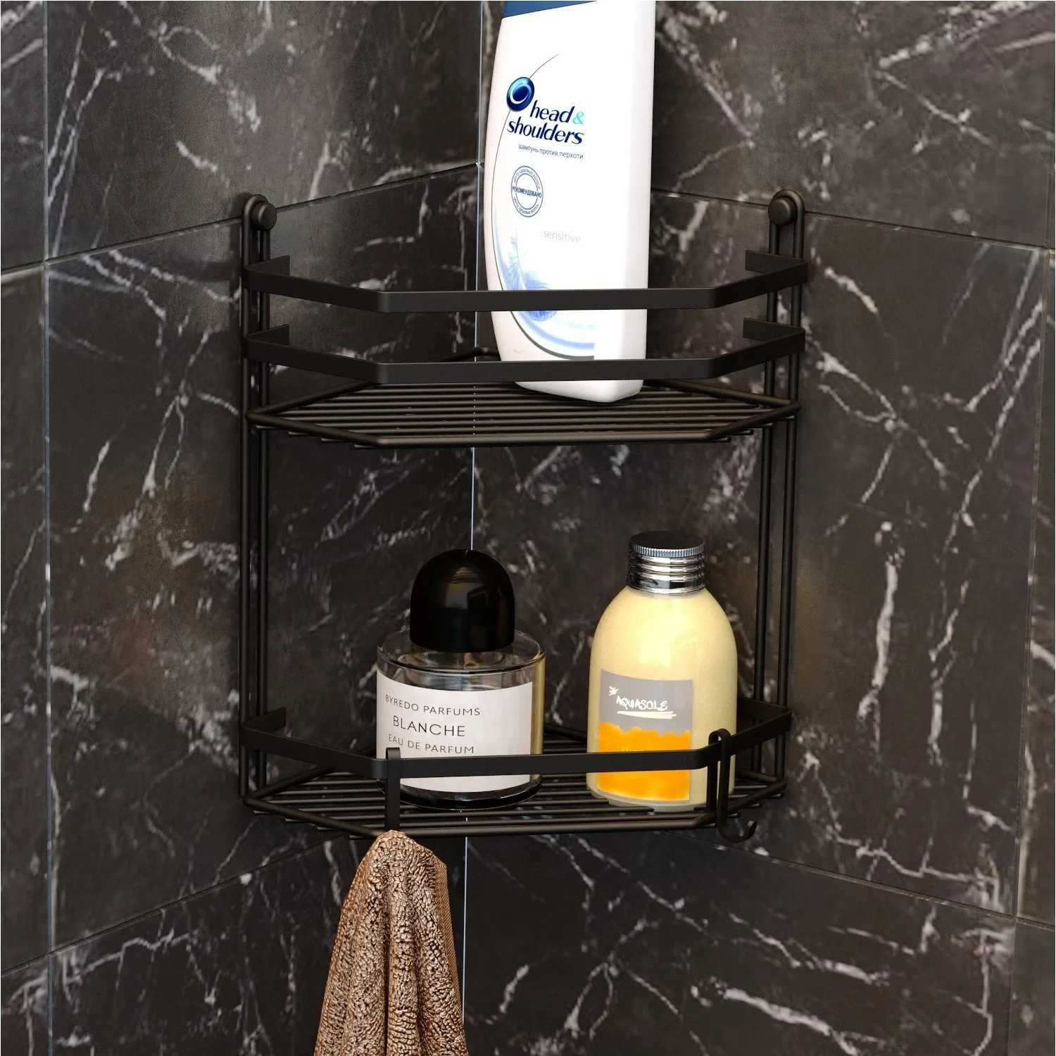 

Two Tier Bathroom Shelf Shampoo and Shower Shelf Wall Sticking Mounting Matt Black