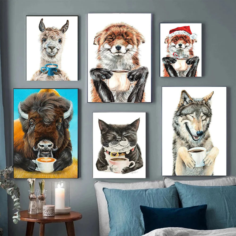 

Cat Drinking Coffee Canvas Paintings Home Decoration Lovely Animal Art Poster and Prints for Living Room Modern Wall Decoration