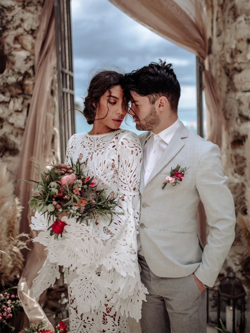 Boat Neck Mermaid Cut Out Lace Wedding Gowns Boho Long Batwing Sleeves 2021 Custom Made Backless Ceremony Plus Size Bridal Dress