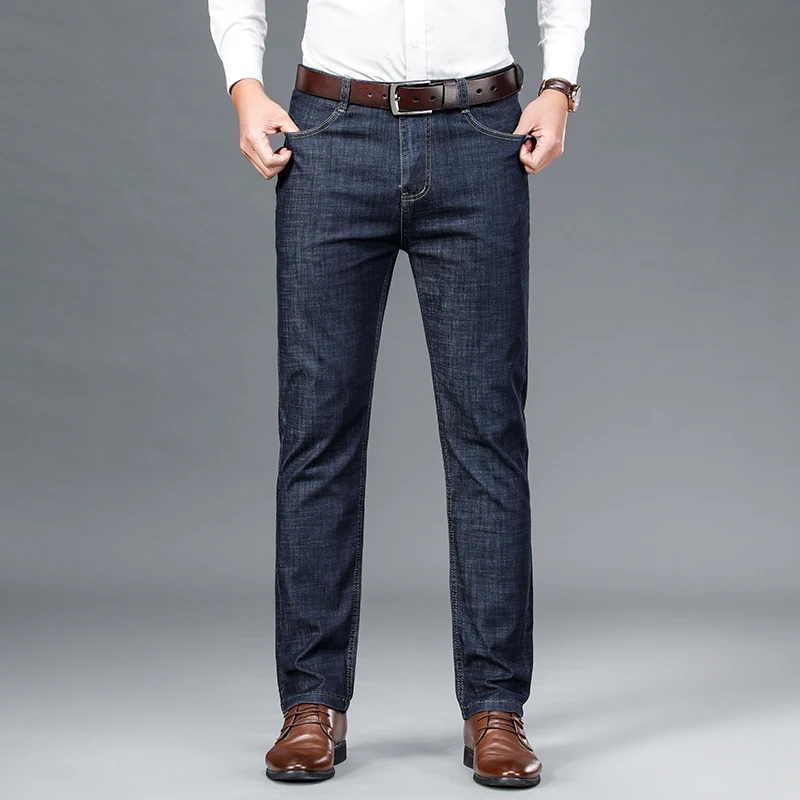 

Джинсы мужские классические, модные деловые брюки в стиле смарт-кэжуал, Стрейчевые прямые брюки с широкими штанинами, большие размеры