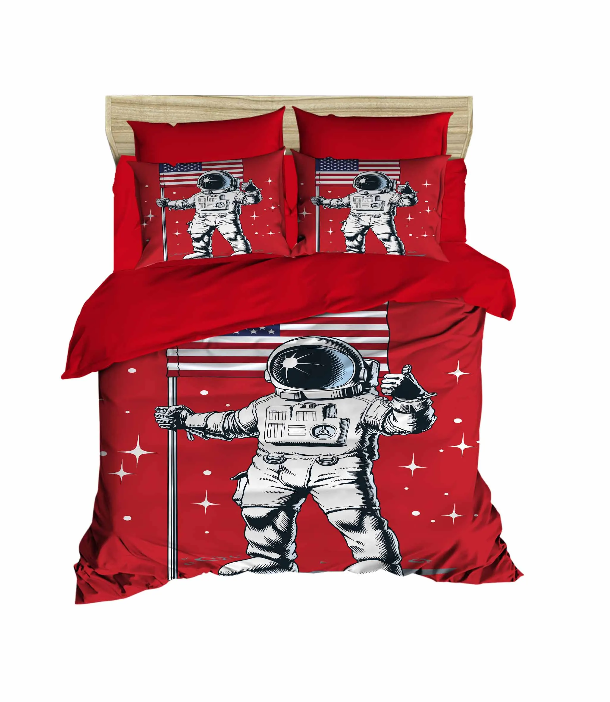

100% Turkish Cotton Astronaut Bedding American Flag Themed 3D Printed Duvet Cover Set, Made in Turkey