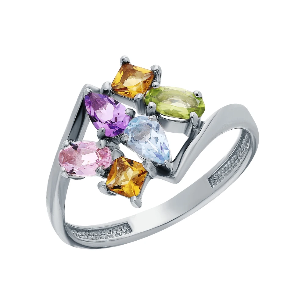 Серебряное кольцо с хризолитом аметистом морганитами топазами и цитринами SUNLIGHT