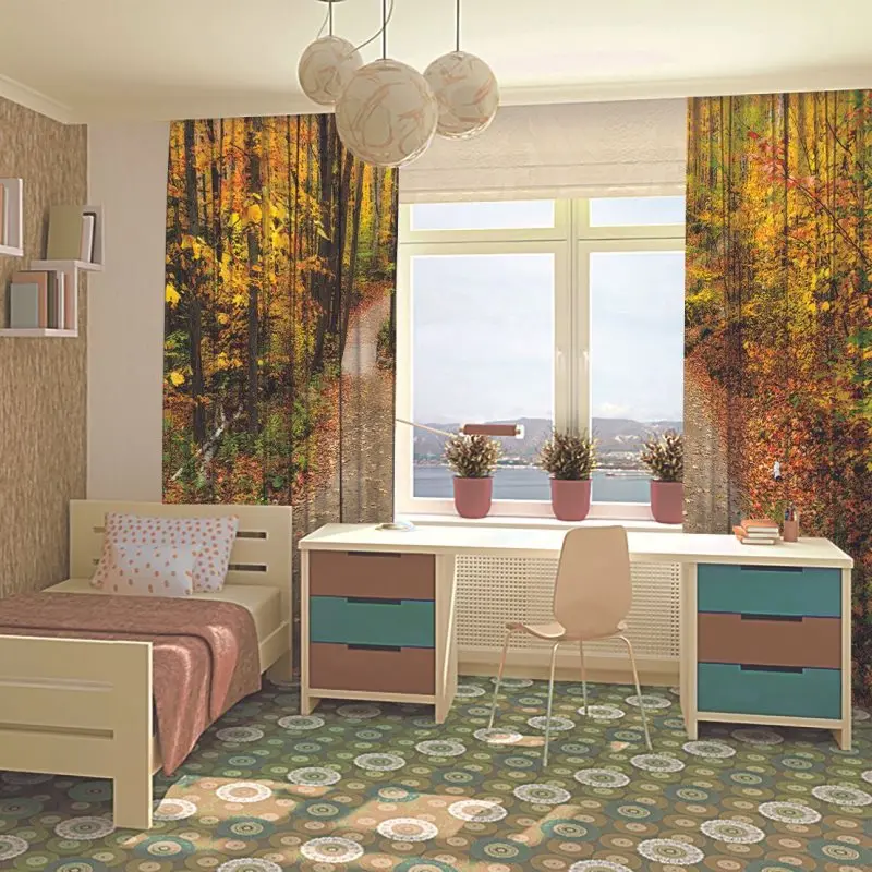 Занавес дорожка бегущая по лесным деревьям с красочными листьями в осенний сезон