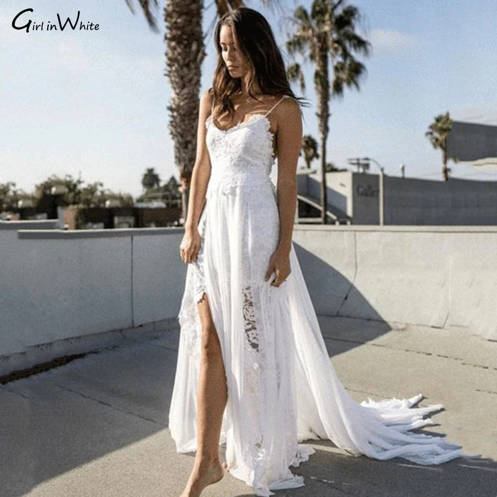 

Lace White Boho Bohemian Wedding Dresses Backless Spaghetti Straps Beach Simple Bride Gown With Sexy Slit Vestido De Noiva