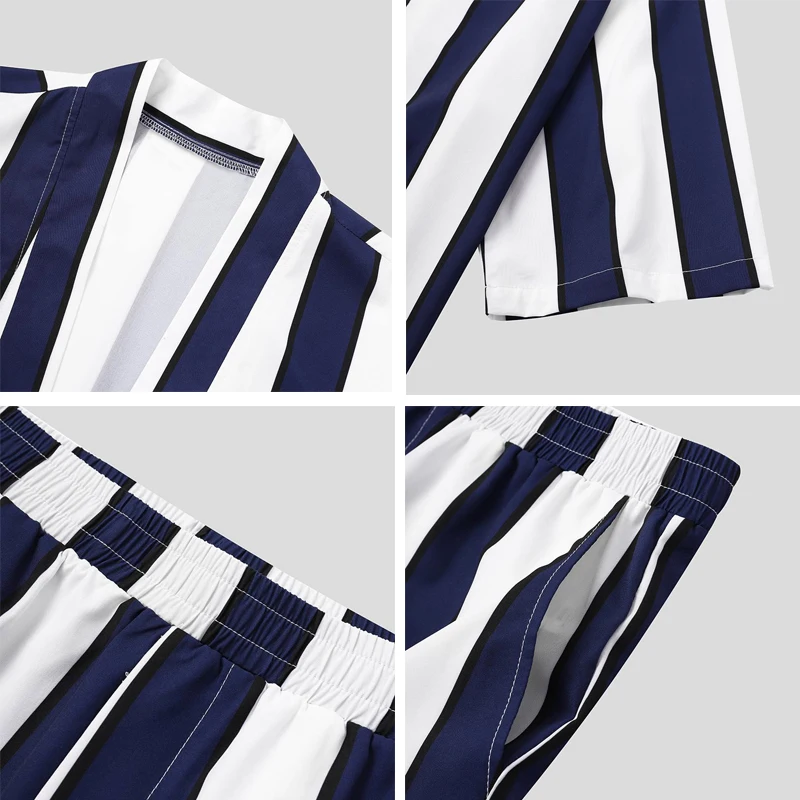 

Summer Men Striped Sets Streetwear Loose Open Stitch Short Sleeve Fashion Shorts Beach Breathable Casual Mens Sets