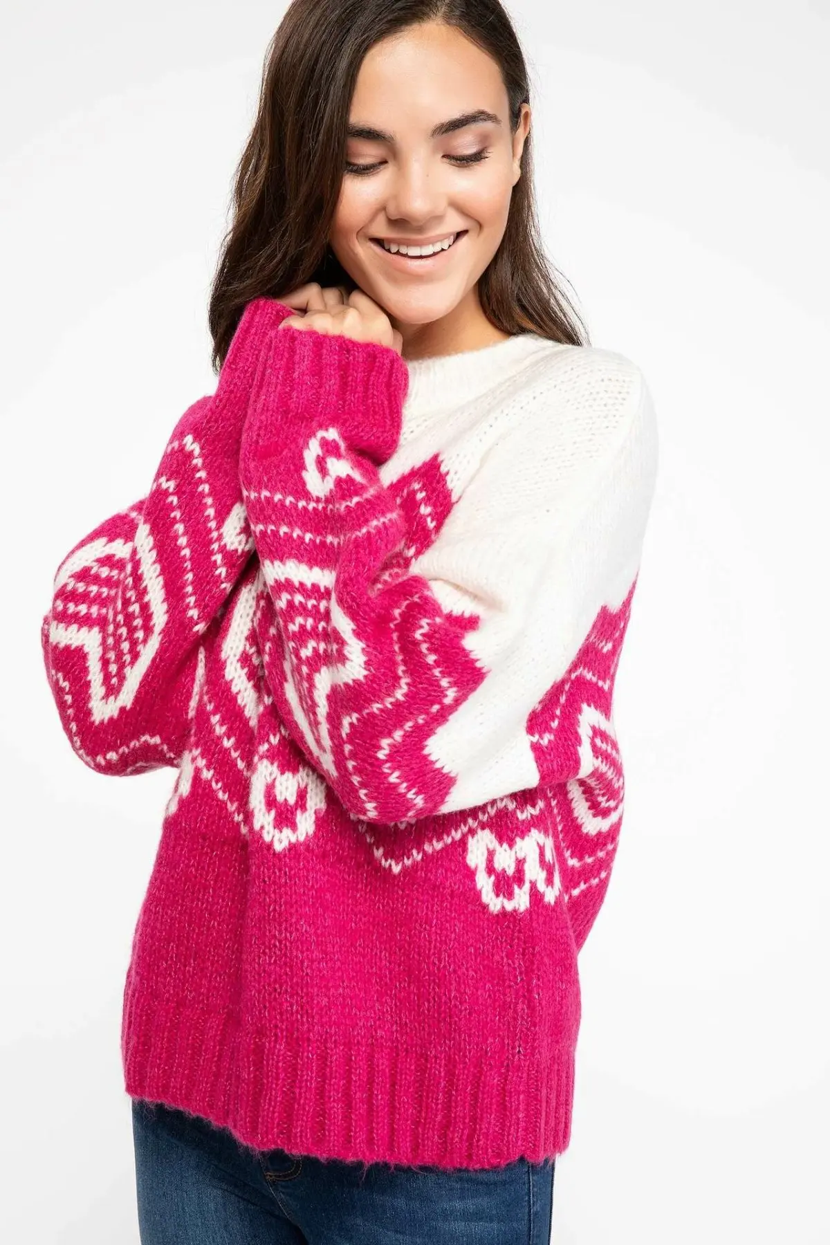 DeFacto женские модные трикотажные пуловеры с геометрическим узором и круглым