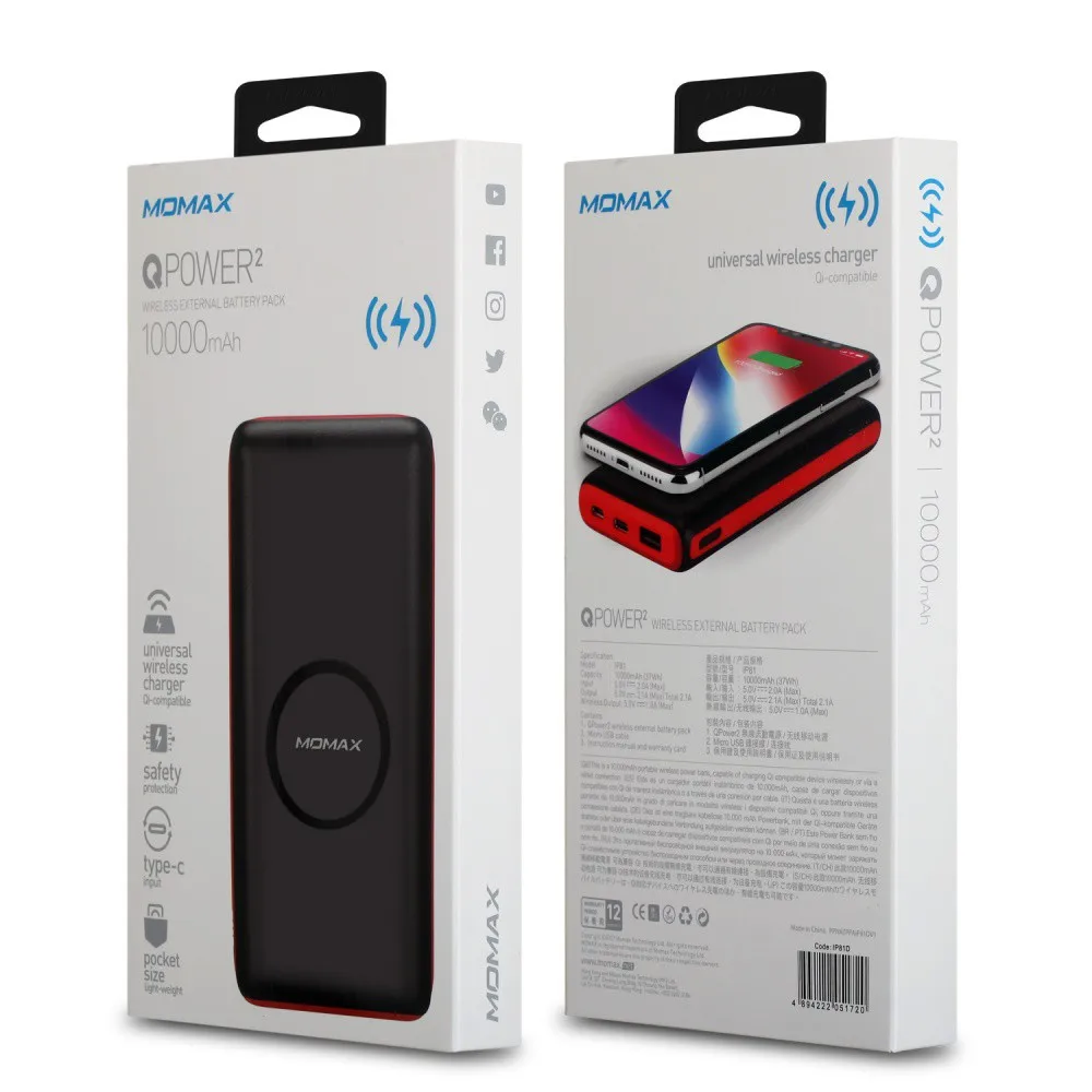 внешний аккумулятор с беспроводной QI зарядкой Momax Q.Power2 Wireless Ext Battery 10000 IP81 |