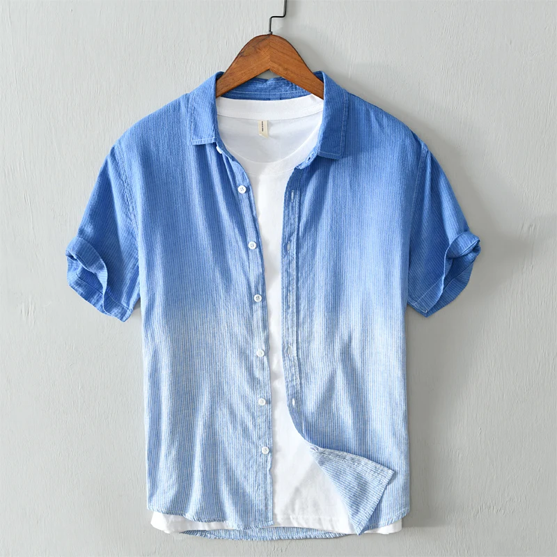 Casual shirt men linen cotton short sleeve Gradient summer Striped breathable shirt fashion men clothing Camisa masculina 564
