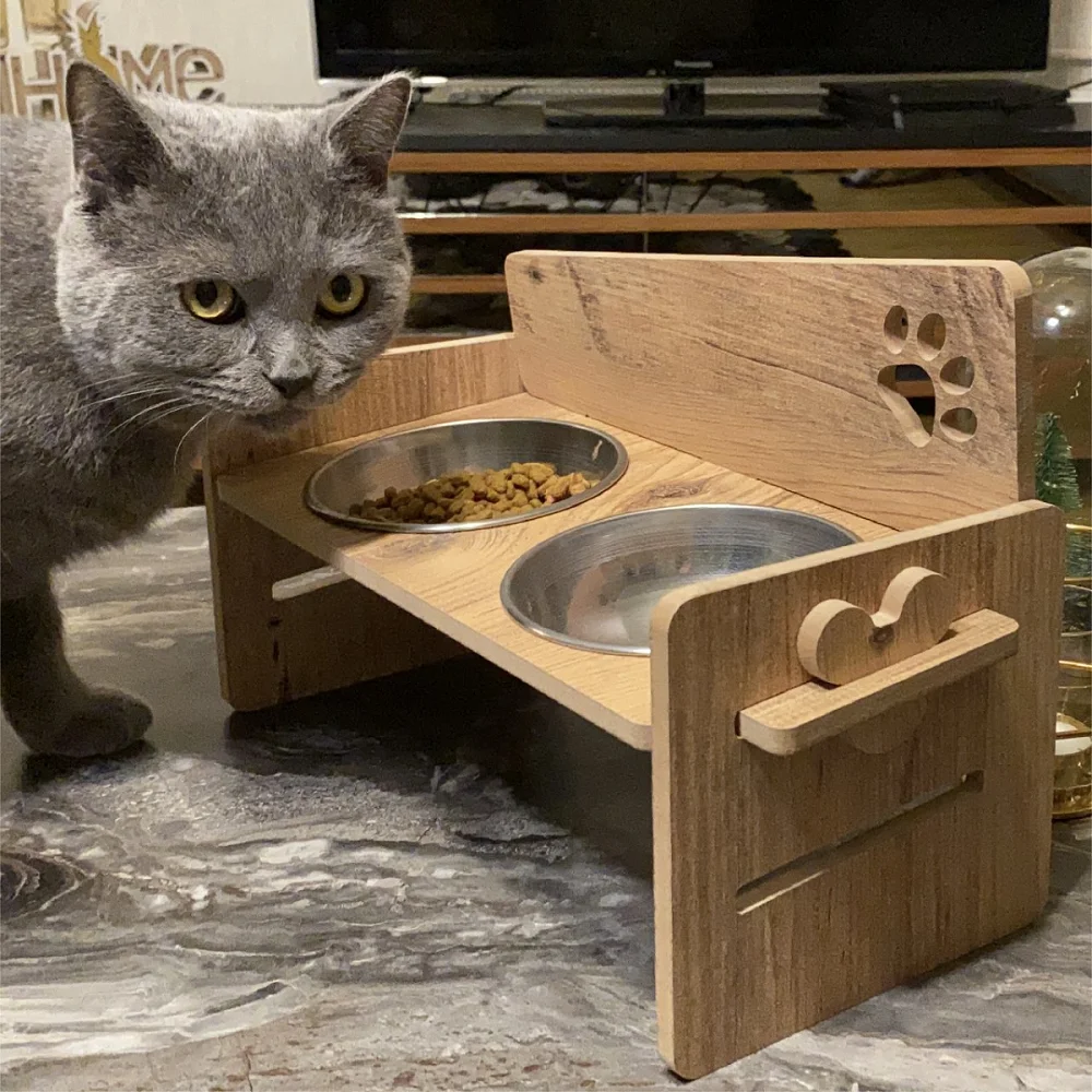 

Height Adjustable Cat and Small Breed Dog Food and Water Bowl, Steel Bowl Fully Wooden Pattern Suitable For Indoor