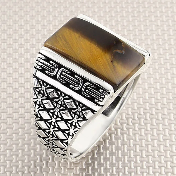 

Checked Patterned Plain Tiger's Eye Gemstone Silver Men's Ring Handmade Vintage Ring Made in Turkey 925 Sterling Silver