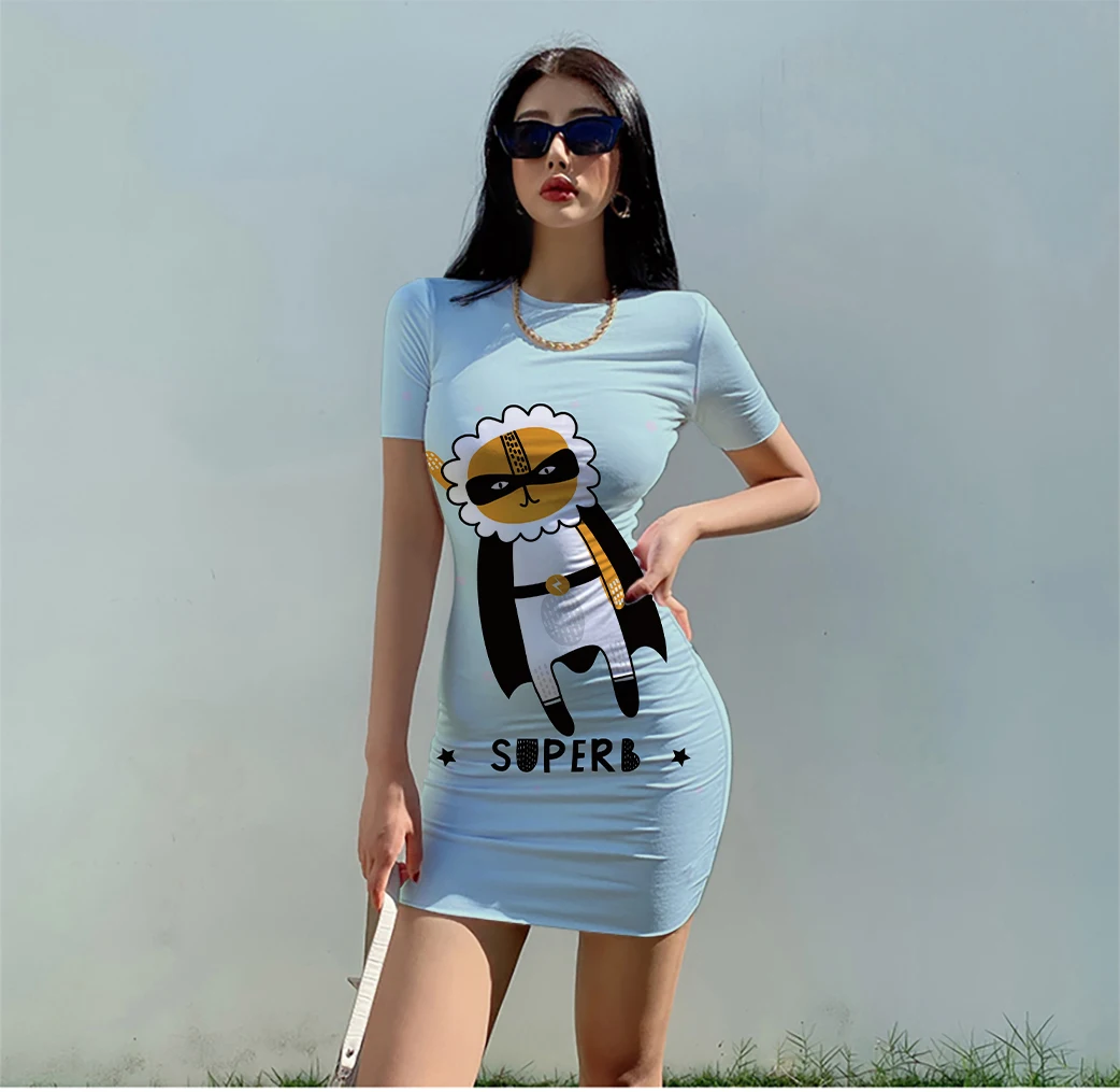 

Summer ladies 3D printed polyester fiber plus size short-sleeved lion man icon dress casual soft and comfortable close-fitting