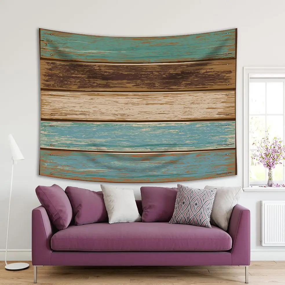 

Tapestry Wooden Panels Horizontal Plank Wall Vintage Aged Look Country Style Home Decorating Art Blue Brown Beige