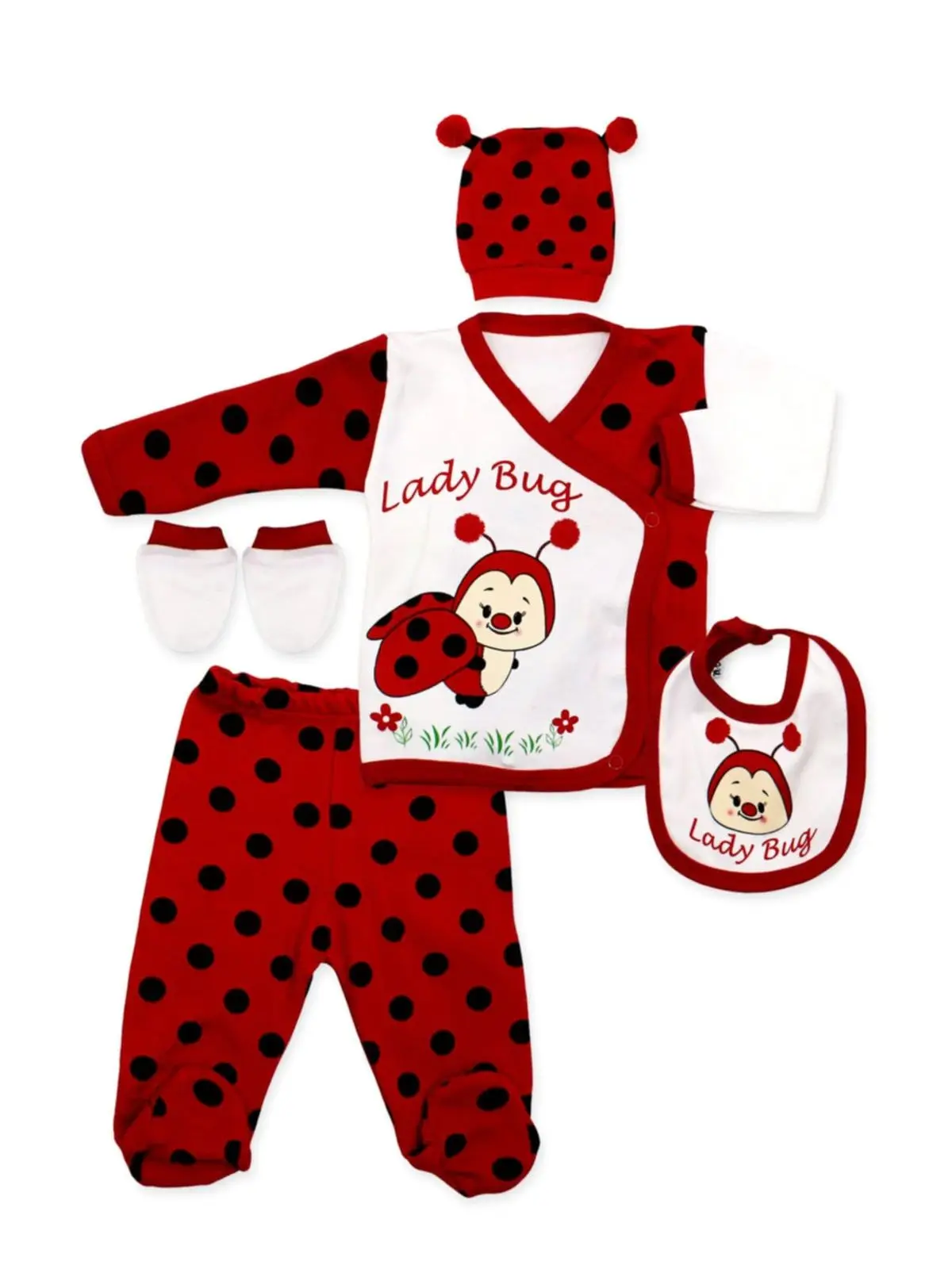 Girl Boy Baby Out of Hospital Ladybug Figured Newborn Set 5 Pieces Cotton