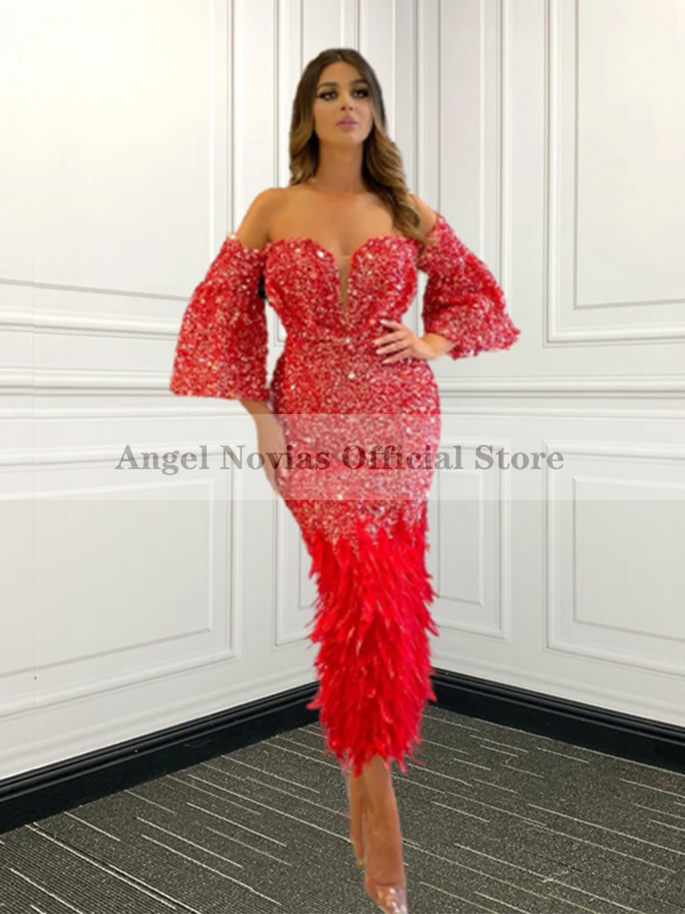 

ANGEL NOVIAS Formal Women's Tea Langth Red Crystals Evening Dress with Feather Prom Party Gowns Vestidos De Noche