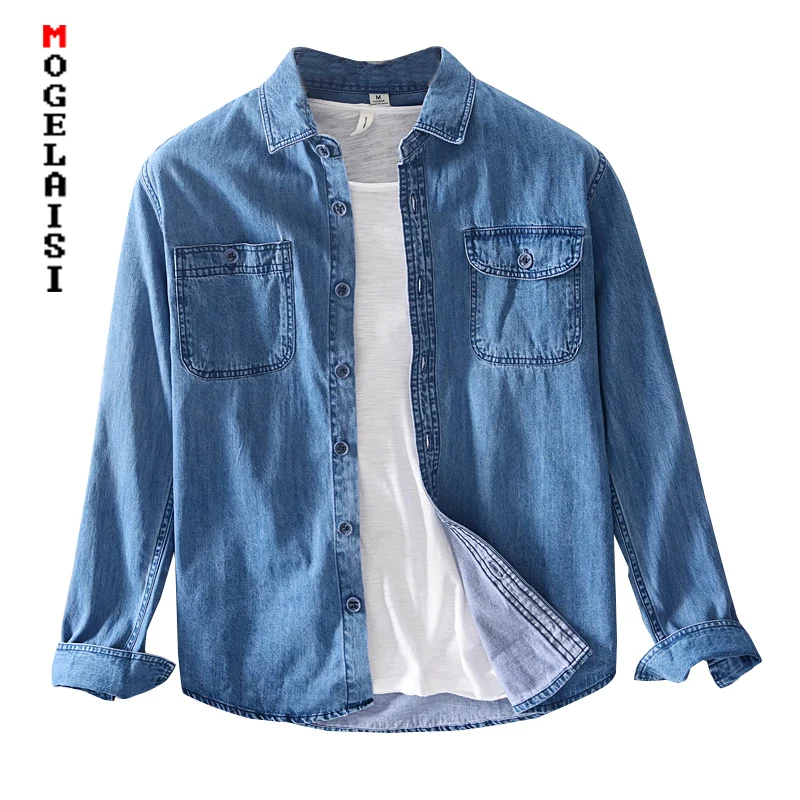 

Fashion Mens Denim shirt long sleeve 100% cotton Jeans Cardigan casual Shirts Tops for man clothing camisas hombre 3XL 5058
