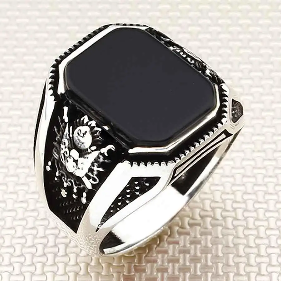 

Ottoman Coat of Arms Silver Ring Plain Model Black Onyx Gemstone Ring Handcarved Ottoman Ring Vintage Men Jewelery