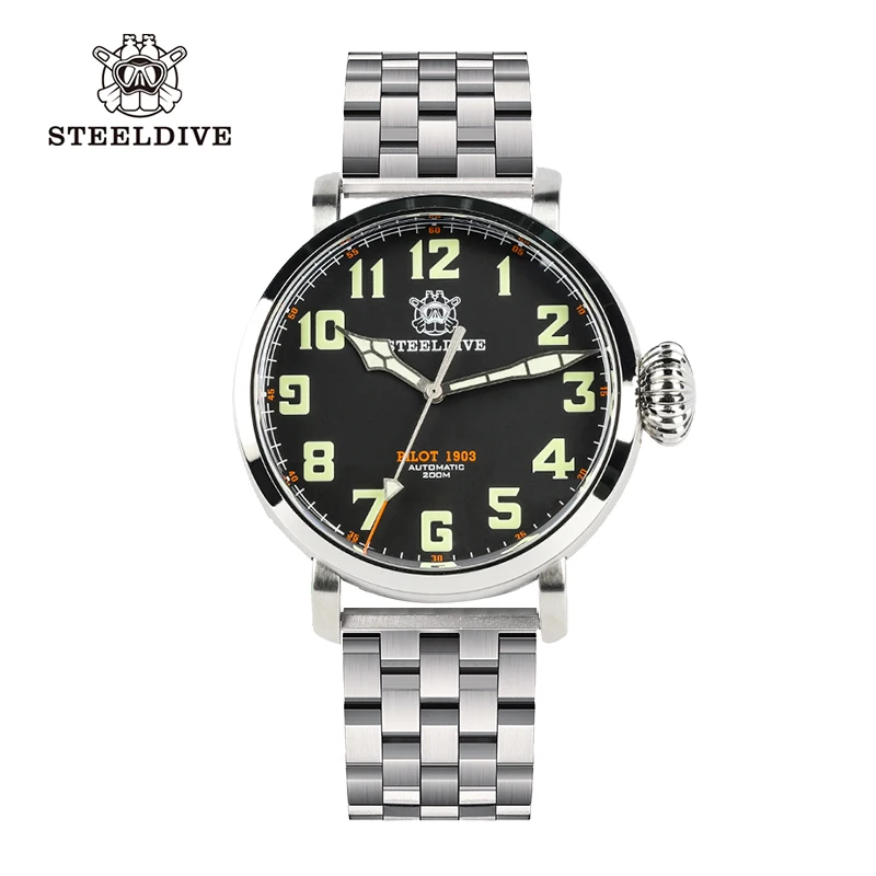 

Часы для дайвинга Steeldive, автоматические механические часы-пилот NH35, черный циферблат, Юбилейный браслет, нержавеющая сталь C3 лм, сапфир, Водо...